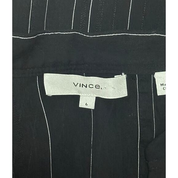 VINCE Draped Pinstripe A-Line Midi Black Dress Striped Coastal Preppy Minimalist - Picture 12 of 15